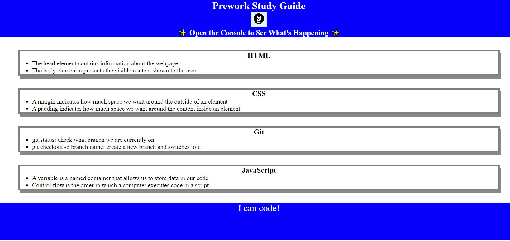  an overview of bowtie cat webpage with 4 boxes including two sentenses of description for HTML, CSS, Git, and Javescript