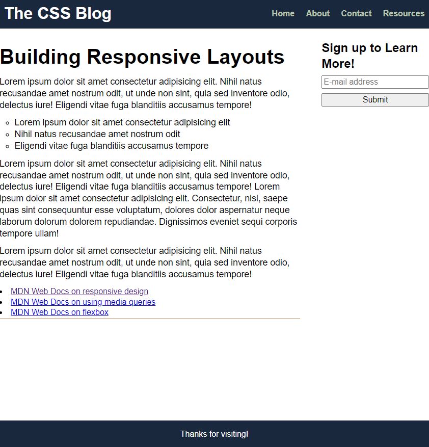 An overview of CSS blog webpage talking about building reponsive layout 